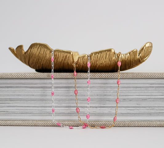 Enamel Sunburst Paperclip Chain - Pink Glitter