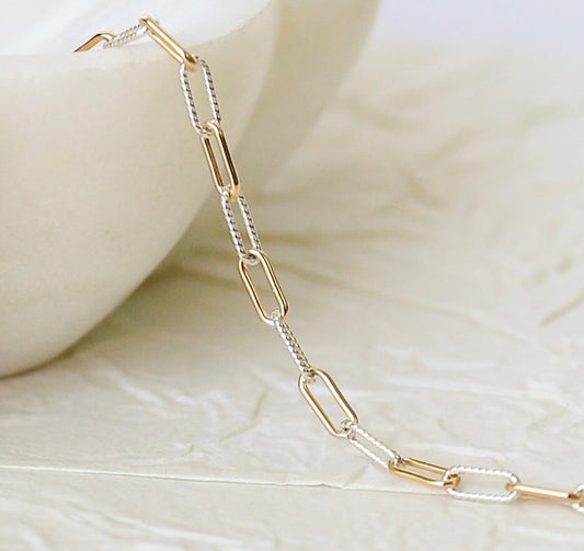 Mixed Metal Textured Paperclip Chain